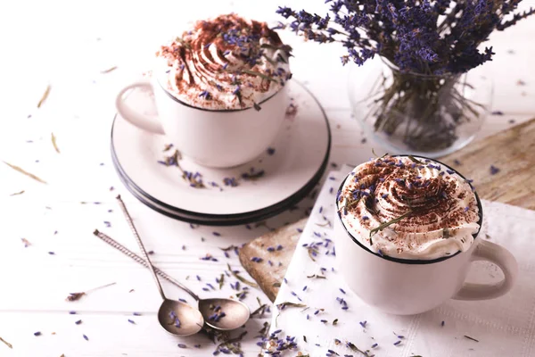 Two cups of hot chocolate with whipped cream — Stock Photo, Image