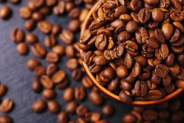 Kavrulmuş kahve çekirdekleri dağılmış. Gri arka plan. Üstten Görünüm