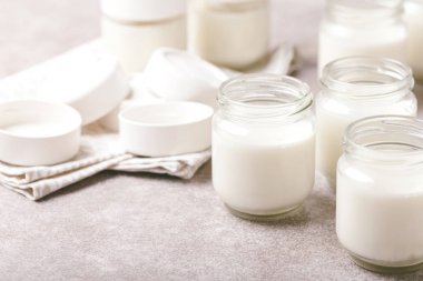 Gri taş zemin üzerine ev yapımı Yunan yoğurt. Sağlıklı gıda