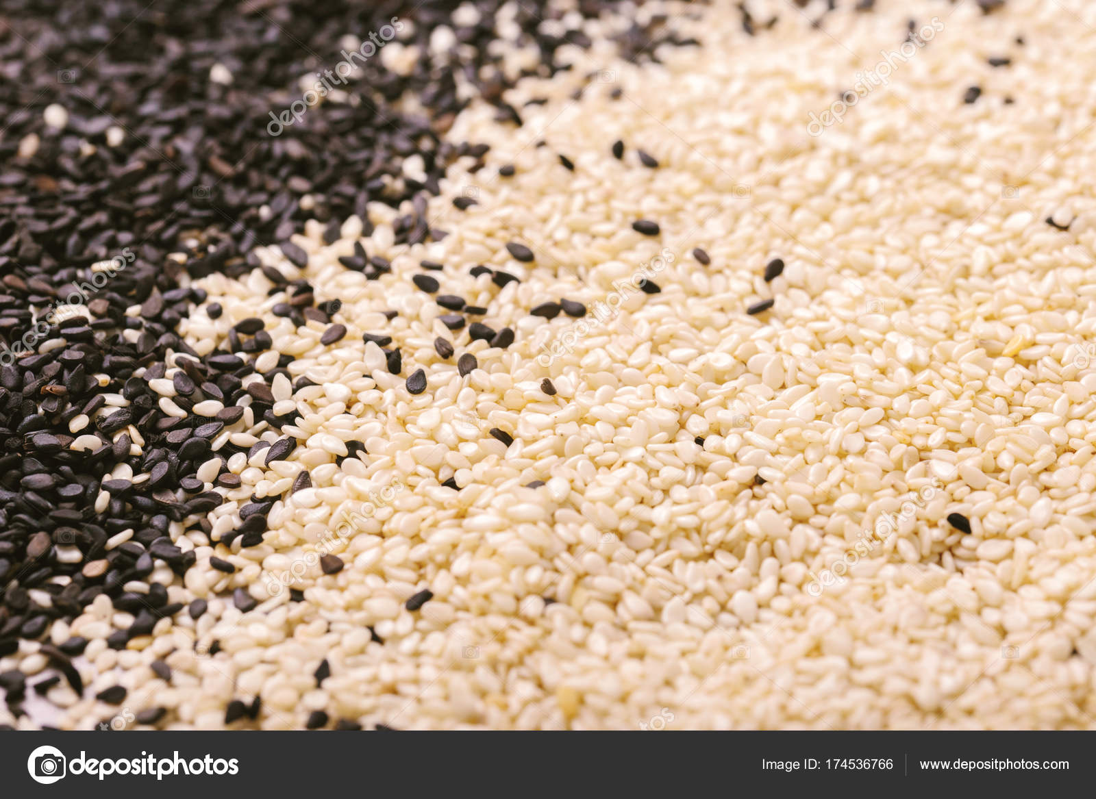Black and white sesame seeds. Copy space. Top view. Stock Photo by