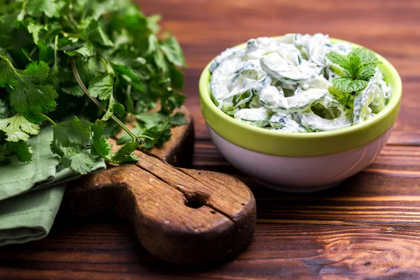 Raita de pepino indio con yogur, menta, cilantro. Tzatzi griego — Foto de Stock