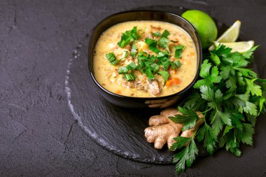 Indian Mulligatawny soup with lentil, parsley. Copyspace, horizo clipart