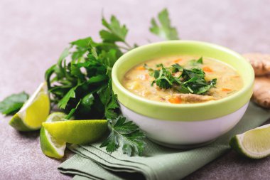 Indian Mulligatawny soup with lentil, parsley. Copyspace, horizo clipart