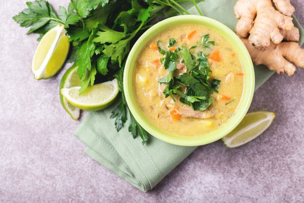 Indian Mulligatawny soup with lentil, parsley. Copyspace, top vi