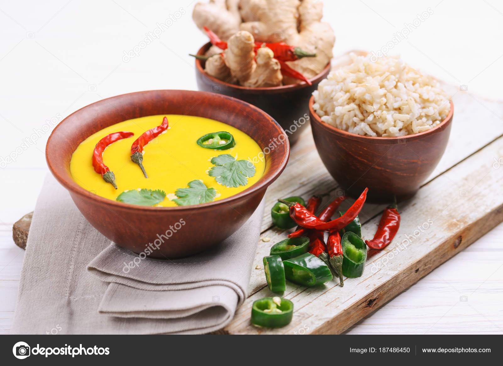 Vegetarian curry Gujarati Kadhi with chickpea and yogurt Stock Photo by