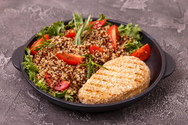 Grilled Chicken Turkey Breast Rosemary Quinoa Tomato Salad Top View Стокова Картинка