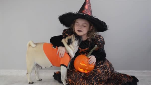 Jolie fille et son petit chien sont habillés en costumes pour Halloween. Enfant dans une image de sorcier assis sur le sol. Citrouille - symbole d'Halloween. Fille tient citrouille et embrasse carlin . — Video