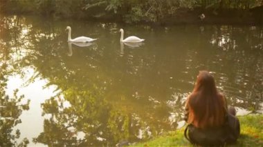 Kız bir arka Şehir Parkı cephede oturur ve kuğular yüzen beyaz saatler