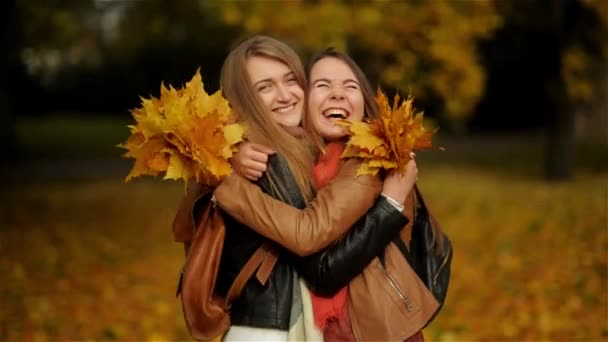 Schöne Teenager-Mädchen, die Spaß im Herbst Park haben. zwei junge lachende Mädchen, die sich im herbstlichen Park umarmen und einen Strauß gelber Blätter in der Hand halten. Außenbereich — Stockvideo
