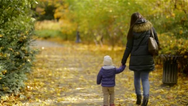 Mère et fille se tenant la main à Park. Ils portent des vêtements chauds, saison d'automne. Vue de l'arrière 