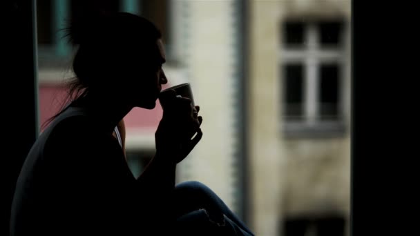 Nahaufnahme Porträt der schönen Frau vor dem Fenster mit einer Tasse Heißgetränk am Morgen. Silhouette von erstaunlichen Mädchen, die Kaffee allein auf der Fensterbank genießen. — Stockvideo