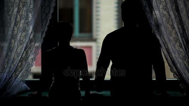 Précédent View of Romantic Couple Standing near the Window in the Darkness. L'homme prend la main de la femme dans la sienne, ils s'embrassent avec tendresse. Silhouette des amoureux à l'intérieur . — Video