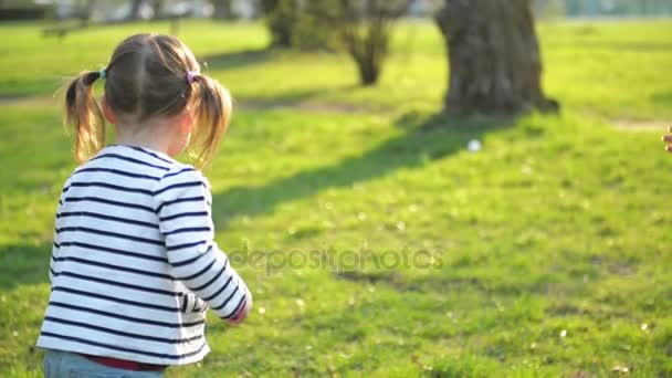 かわいい女の子は彼女の母を楽しんで日当たりの良い一日屋外に実行しています。春の若い女性と娘が抱き、公園で一緒に遊んで. — ストック動画