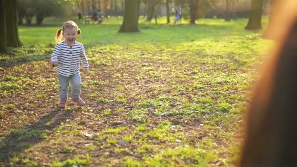 Kleines süßes Mädchen mit zwei Pferdeschwänzen rennt zu der jungen Mutter und umarmt sie. glückliche Familie, die ihre Freizeit zusammen im Park verbringt. — Stockvideo