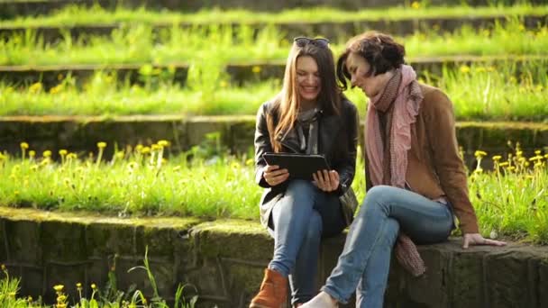两个迷人的女孩是使用平板电脑户外坐在公园里。女性朋友在看屏幕的电子小玩意在他们手中. — 图库视频影像