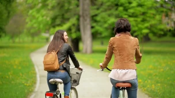 Vista trasera de dos jóvenes mujeres de cabello oscuro montando en bicicletas en el parque de la ciudad juntas . — Vídeos de Stock