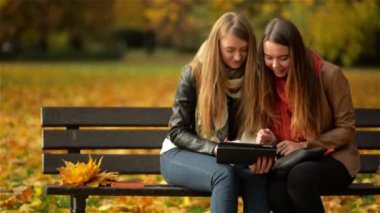 İki kadın, sonbahar parkta bankta dijital Tablet kullanarak kız gülüyor ve oynamaya arkadaşlar bilgisayar güneşli günde yastık