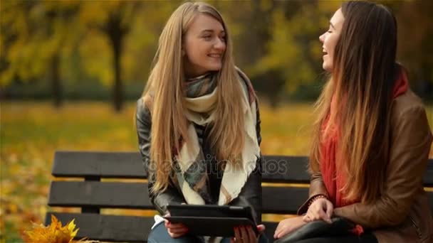 Dos mujeres usando tableta digital en el banco en el Parque de Otoño, amigas riéndose y jugando en la computadora del cojín en el día soleado — Vídeos de Stock