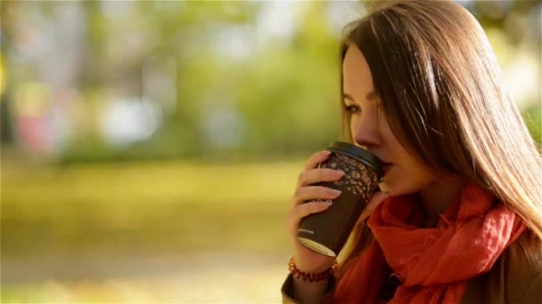 Красива молода жінка кавказька, пити каву винос в Осінній Парк. Красива дівчина на відкритому повітрі у падінні з посмішкою і кавові чашки. — стокове відео