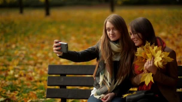 Hermosas chicas haciendo selfie en el banco en el teléfono inteligente. Dos mujeres jóvenes disfrutando al aire libre y tomando selfie con teléfono celular . — Vídeos de Stock