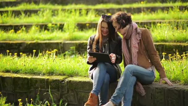 Duas meninas bonitos vestindo jeans estão usando Tablet ao ar livre sentado no parque. Jovens mulheres incríveis estão olhando para a tela do dispositivo eletrônico . — Vídeo de Stock