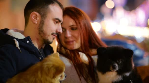 Mladý pár s Kavkazský vzhledu se baví s několika psy. Světla a vánoční strom je na pozadí. — Stock video