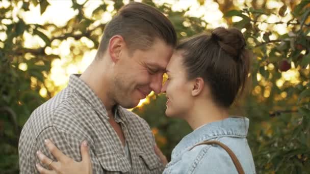 公園の夕日で幸せな男と女の子のキスと抱っこ。リンゴの庭でロマンチックな雰囲気の中で男と女を愛しています。家族関係の概念。スローモーション. — ストック動画