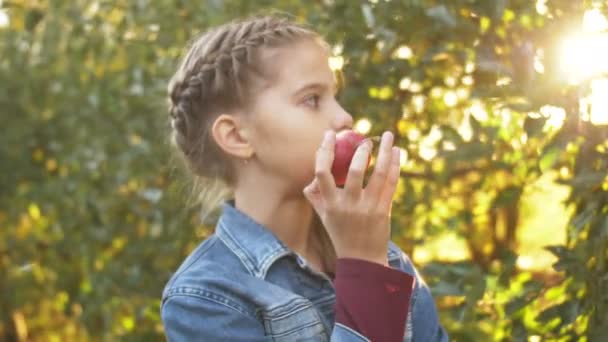 Cute dziecko dziewczyna portret pobyt w ogrodzie jabłoni na zewnątrz jedzenie dojrzałe soczyste owoce — Wideo stockowe