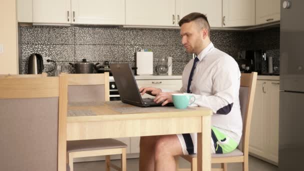 Ministerio del Interior. El joven empresario está trabajando intensamente mientras está sentado en la mesa de la cocina. Se comunica simultáneamente en Skype y teléfono móvil . — Vídeos de Stock