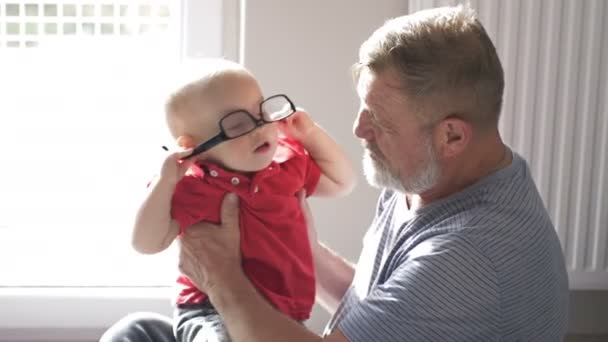 祖父は彼の小さな孫と楽しんでいます。子供は祖父から眼鏡を取って自分で試した. — ストック動画
