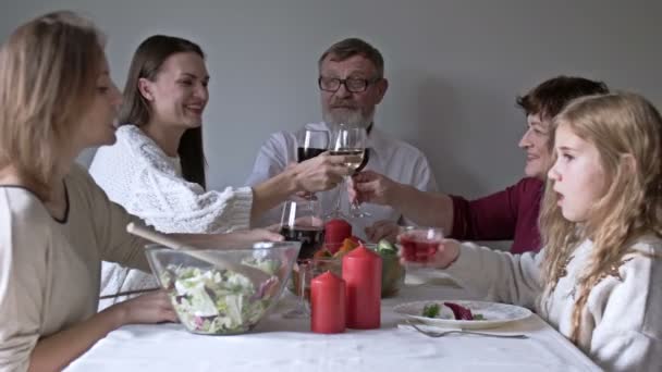 Sorrindo brinde em família no dia de ação de graças na mesa de jantar — Vídeo de Stock