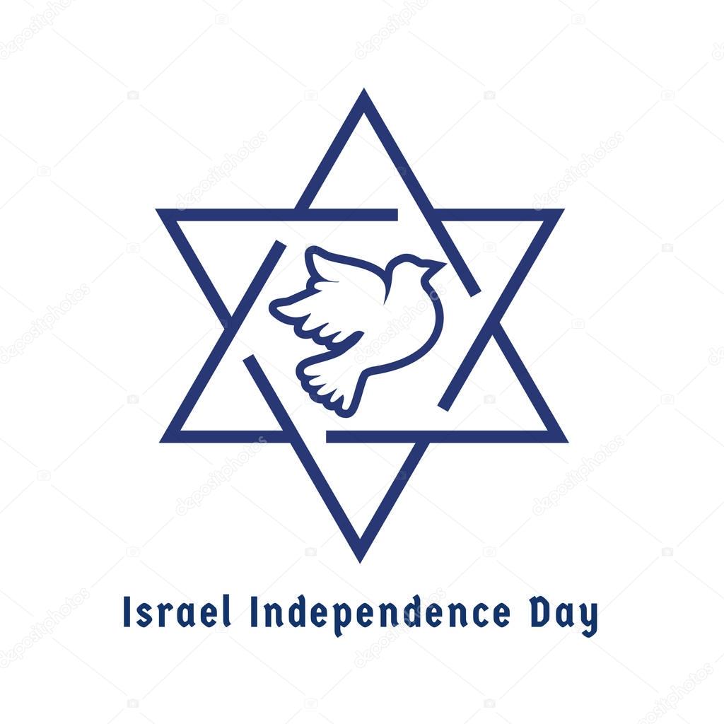 Israel Independence Day. Jewish Holiday logo concept. Symbols of Israel, David star, dove in white and blue. National independence concept.  Greeting card, party banner background. Vector illustration