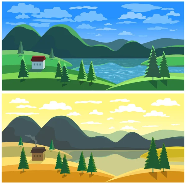 Montaña valle paisaje en dos temporadas — Vector de stock