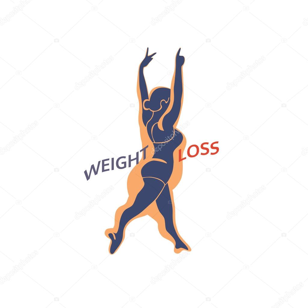 Weight loss icon. Woman Body challenge program concept. Freehand drawn cartoon retro style. Vector losing fat female. Active lifestyle emblem. Fitness logo element. Sport training banner background