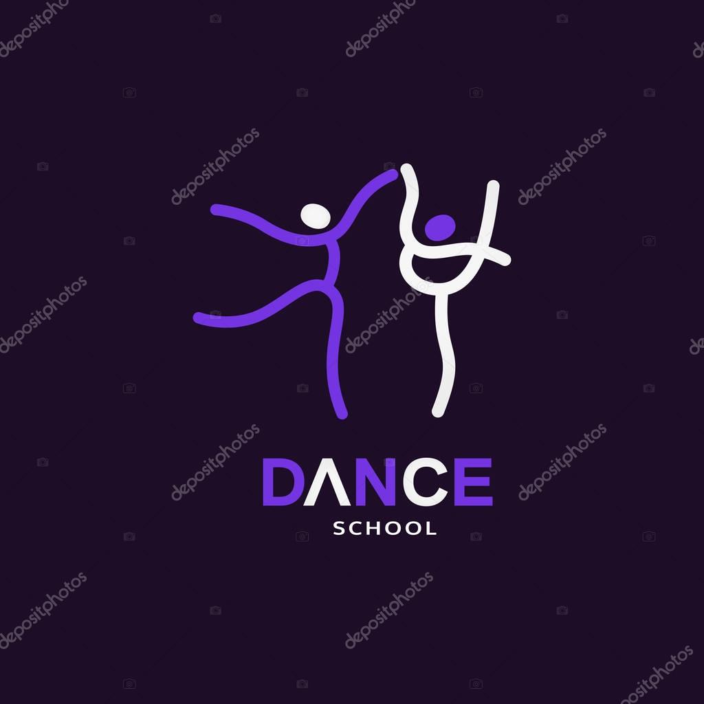 Dance icon concept. Ballet studio logo design template. Design idea fitness class banner background with symbol of abstract people, ballerina in dancing poses. Dancer sign emblem. Vector illustration