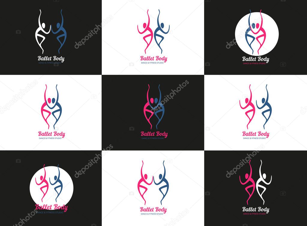 Dance concept. Set of icons. Ballet studio logo design template. Fitness dance class banner background with symbol of abstract people ballerina dancer in dancing poses. Vector illustration.
