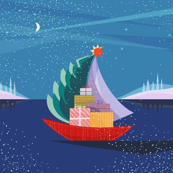 Рождественский парусник на море — стоковый вектор