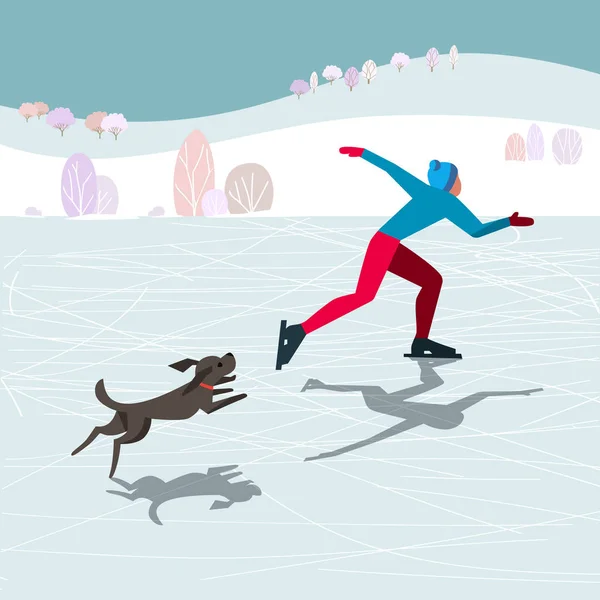 Patineur d'hiver et chien — Image vectorielle