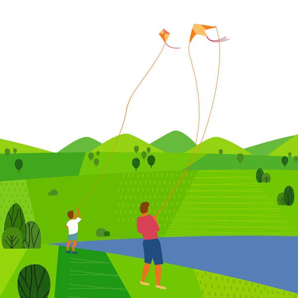Green valley landscape. Colorful cartoon nature scene. Summer season family weekend. Vacation leisure activity. Adult, boy kiting on river. Father son with kites on lake. Vector countryside background — Stock Illustration Green summer landscape — Stock Vector