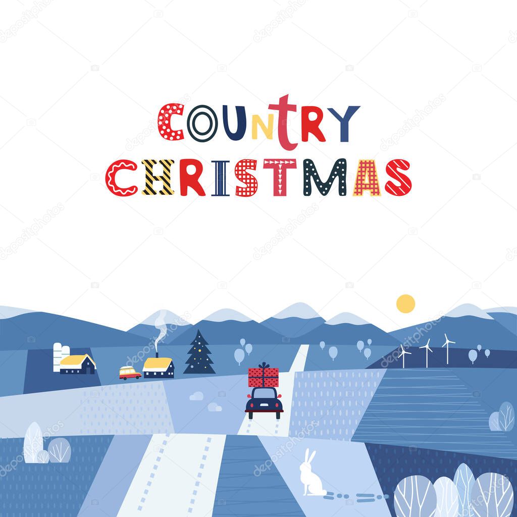 Country Christmas fancy flat color vector poster