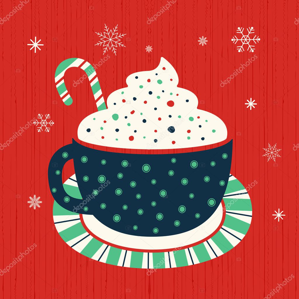 Hot cocoa mug whipped cream flat vector icon