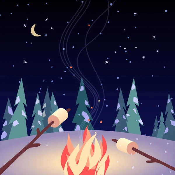 Marshmallow asado en invierno fogata vector cartel — Vector de stock