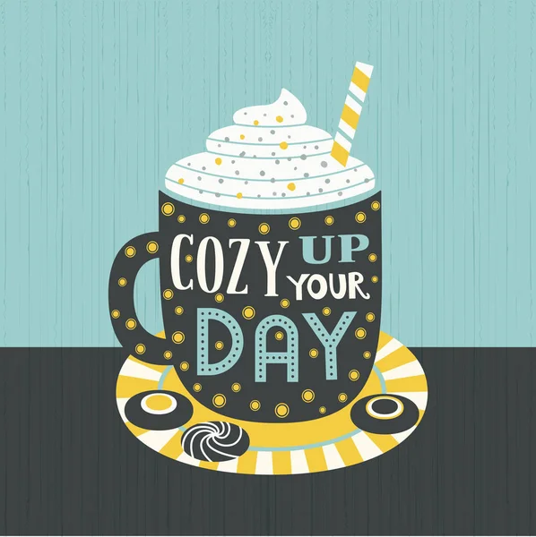 Hot cocoa mug whipped cream flat vector poster — Stock Vector