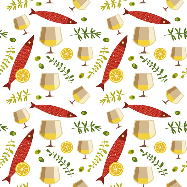 白葡萄酒杯和鲜鱼无缝图案 — 图库矢量图片