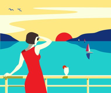 Deniz gezisi gemisi turist gezisi el çizimi poster