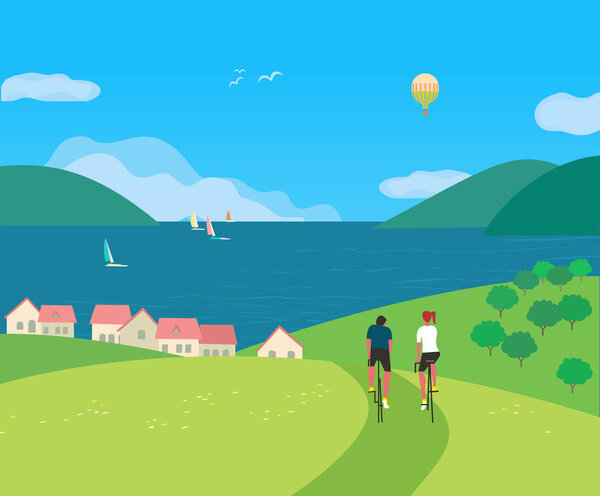 Landscape village rural houses seascape vector. Hand drawn adventure on lake bank sunny day cartoon. Flat vector summer seascape. Sailing on calm water background. Vacation travel to sea illustration — Stock Illustration Travel adventure on seaside vector poster — Stock Vector