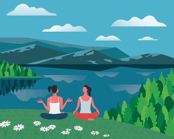 Girls Training Yoga Lake Bank Vector Color Concept Summer Landscape — Stock Vector