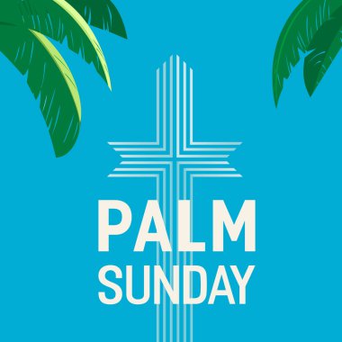 Palm Sunday tatil düz vektör tipografi poster arka planı. İncil 'de yazan Hristiyan işareti palmiye yapraklı çizgi film. Katolik İncili. Kutsal günün tasarım elementi. Din bayrağı resimleme şablonu