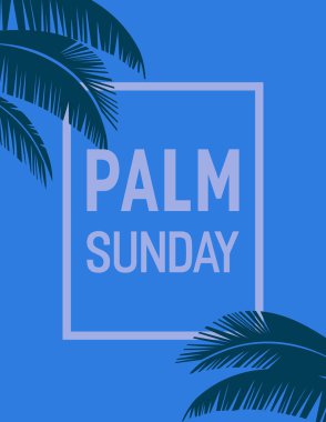 Palm Sunday tatil çerçevesi düz vektör yazım hatası posteri. İncil 'de yazan Hristiyan işareti palmiye yapraklı çizgi film. Katolik İncili. Kutsal günün tasarım elementi. Din bayrağı resimleme şablonu