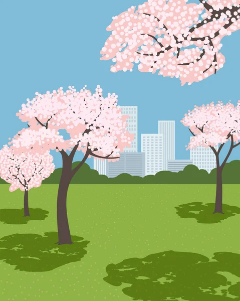 Hand drawn blooming sakura city garden vector — ストックベクタ